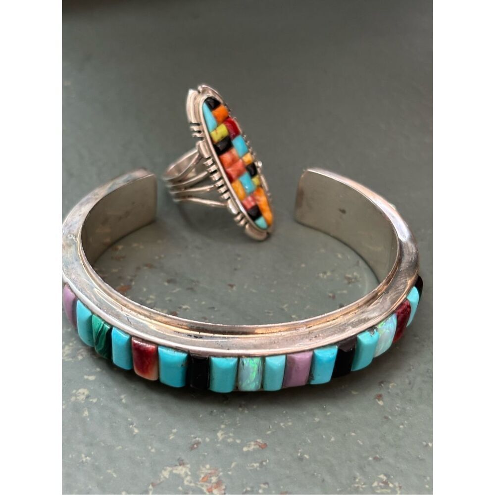Vintg Thomas Singer navajo turquoise silver 5 pc necklace ring bracelet earrings - Picture 6 of 14